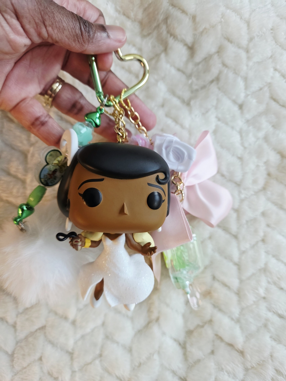 Funko Pop Princess Tiana And The Frog Keychain Charm with Pink Bow Bag Charm